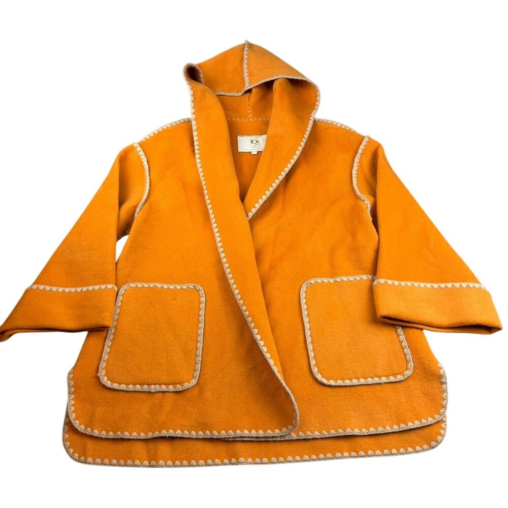 Doggy Qin Women's Small Orange Textured Edge Hooded Stitching Pocket Jacket